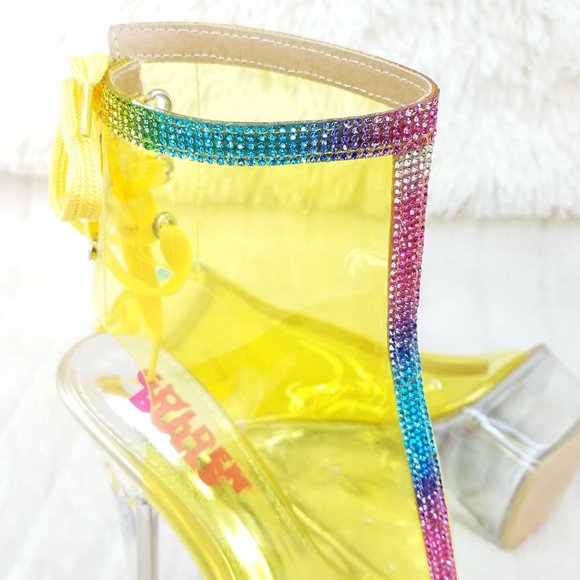 Yellow Clear Platform Heels Shoes Rhinestone Trim Golden Bulls - Picture 13 of 14